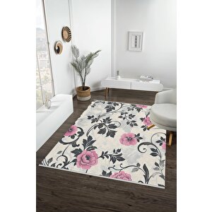 Halı – Pembe; Gri; Krem – Çiçekli Desen, Pamuk Dokuma Taban, Makinede Yıkanabilir, Kolay Temizlenebilir, Toz Ve Tüy Tutmaz, Kaymaz, Evcil Hayvan Dostu