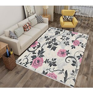 Halı – Pembe; Gri; Krem – Çiçekli Desen, Pamuk Dokuma Taban, Makinede Yıkanabilir, Kolay Temizlenebilir, Toz Ve Tüy Tutmaz, Kaymaz, Evcil Hayvan Dostu
