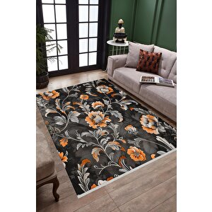 Yıkanabilir Halı – Turuncu; Gri; Siyah – Çiçekli Desen, Pamuk Dokuma Taban, Makinede Yıkanabilir, Kolay Temizlenebilir, Toz Ve Tüy Tutmaz, Kaymaz, Evcil Hayvan Dostu 160x230 cm