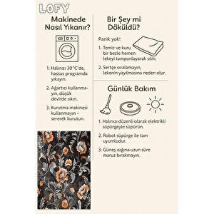 Yıkanabilir Halı – Turuncu; Gri; Siyah – Çiçekli Desen, Pamuk Dokuma Taban, Makinede Yıkanabilir, Kolay Temizlenebilir, Toz Ve Tüy Tutmaz, Kaymaz, Evcil Hayvan Dostu