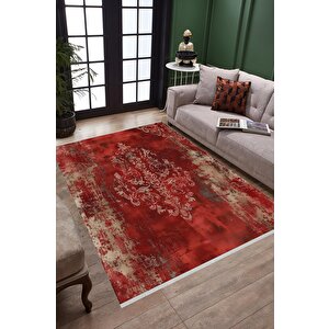 Halı – Kırmızı; Bej – Geleneksel Desen, Pamuk Dokuma Taban, Makinede Yıkanabilir, Kolay Temizlenebilir, Toz Ve Tüy Tutmaz, Kaymaz, Evcil Hayvan Dostu 160x180 cm
