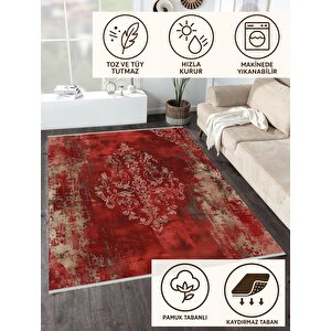Halı – Kırmızı; Bej – Geleneksel Desen, Pamuk Dokuma Taban, Makinede Yıkanabilir, Kolay Temizlenebilir, Toz Ve Tüy Tutmaz, Kaymaz, Evcil Hayvan Dostu 160x180 cm