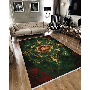 Halı – Yeşil; Kırmızı; Gold – Geleneksel Desen, Pamuk Dokuma Taban, Makinede Yıkanabilir, Kolay Temizlenebilir, Toz Ve Tüy Tutmaz, Kaymaz, Evcil Hayvan Dostu 200x270 cm