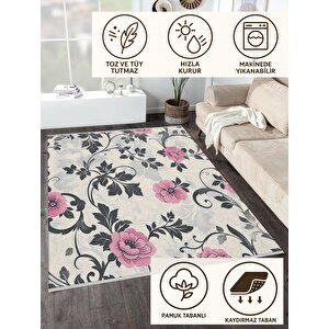 Halı – Pembe; Gri; Krem – Çiçekli Desen, Pamuk Dokuma Taban, Makinede Yıkanabilir, Kolay Temizlenebilir, Toz Ve Tüy Tutmaz, Kaymaz, Evcil Hayvan Dostu 150x300 cm