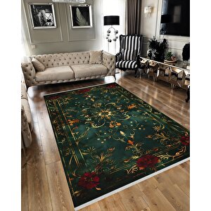 Halı – Yeşil; Kırmızı; Sarı – Geleneksel Desen, Pamuk Dokuma Taban, Makinede Yıkanabilir, Kolay Temizlenebilir, Toz Ve Tüy Tutmaz, Kaymaz, Evcil Hayvan Dostu 200x350 cm