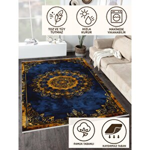 Halı – Lacivert; Sarı – Geleneksel Desen, Pamuk Dokuma Taban, Makinede Yıkanabilir, Kolay Temizlenebilir, Toz Ve Tüy Tutmaz, Kaymaz, Evcil Hayvan Dostu 200x350 cm