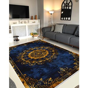 Halı – Lacivert; Sarı – Geleneksel Desen, Pamuk Dokuma Taban, Makinede Yıkanabilir, Kolay Temizlenebilir, Toz Ve Tüy Tutmaz, Kaymaz, Evcil Hayvan Dostu 200x350 cm