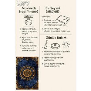 Halı – Lacivert; Sarı – Geleneksel Desen, Pamuk Dokuma Taban, Makinede Yıkanabilir, Kolay Temizlenebilir, Toz Ve Tüy Tutmaz, Kaymaz, Evcil Hayvan Dostu