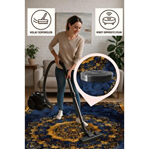 Halı – Lacivert; Sarı – Geleneksel Desen, Pamuk Dokuma Taban, Makinede Yıkanabilir, Kolay Temizlenebilir, Toz Ve Tüy Tutmaz, Kaymaz, Evcil Hayvan Dostu