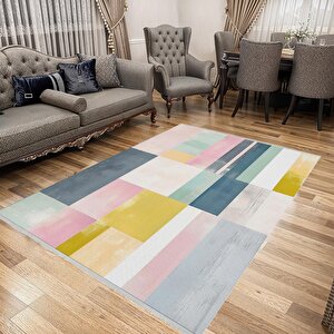 Yıkanabilir Halı – Sarı; Pembe; Mint Yeşili; Lacivert – Geometrik Desen, Pamuk Dokuma Taban, Makinede Yıkanabilir, Kolay Temizlenebilir, Toz Ve Tüy Tutmaz, Kaymaz, Evcil Hayvan Dostu 150x150 cm
