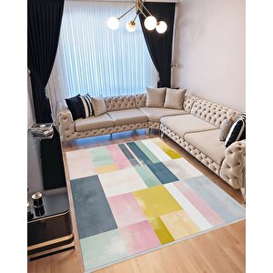 Yıkanabilir Halı – Sarı; Pembe; Mint Yeşili; Lacivert – Geometrik Desen, Pamuk Dokuma Taban, Makinede Yıkanabilir, Kolay Temizlenebilir, Toz Ve Tüy Tutmaz, Kaymaz, Evcil Hayvan Dostu 150x150 cm