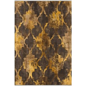 Yıkanabilir Halı – Sarı; Kahverengi – Fas Desen, Pamuk Dokuma Taban, Makinede Yıkanabilir, Kolay Temizlenebilir, Toz Ve Tüy Tutmaz, Kaymaz, Evcil Hayvan Dostu 200x350 cm