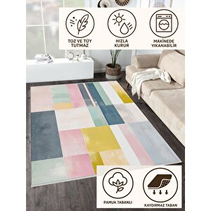 Yıkanabilir Halı – Sarı; Pembe; Mint Yeşili; Lacivert – Geometrik Desen, Pamuk Dokuma Taban, Makinede Yıkanabilir, Kolay Temizlenebilir, Toz Ve Tüy Tutmaz, Kaymaz, Evcil Hayvan Dostu