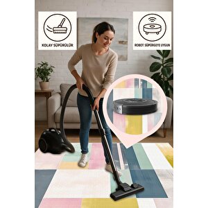 Yıkanabilir Halı – Sarı; Pembe; Mint Yeşili; Lacivert – Geometrik Desen, Pamuk Dokuma Taban, Makinede Yıkanabilir, Kolay Temizlenebilir, Toz Ve Tüy Tutmaz, Kaymaz, Evcil Hayvan Dostu