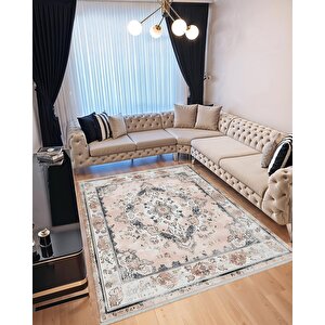Yıkanabilir Halı – Pudra; Gri; Krem – Geleneksel Desen, Pamuk Dokuma Taban, Makinede Yıkanabilir, Kolay Temizlenebilir, Toz Ve Tüy Tutmaz, Kaymaz, Evcil Hayvan Dostu 200x350 cm