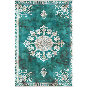 Halı – Turkuaz; Krem – Geleneksel Desen, Pamuk Dokuma Taban, Makinede Yıkanabilir, Kolay Temizlenebilir, Toz Ve Tüy Tutmaz, Kaymaz, Evcil Hayvan Dostu 150x240 cm