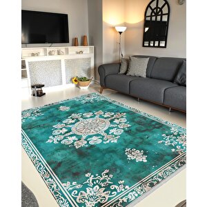 Halı – Turkuaz; Krem – Geleneksel Desen, Pamuk Dokuma Taban, Makinede Yıkanabilir, Kolay Temizlenebilir, Toz Ve Tüy Tutmaz, Kaymaz, Evcil Hayvan Dostu 150x240 cm