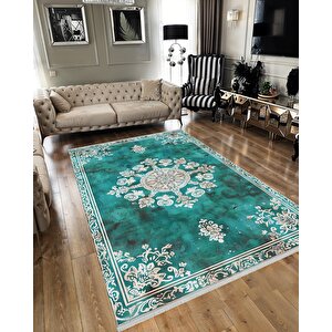 Halı – Turkuaz; Krem – Geleneksel Desen, Pamuk Dokuma Taban, Makinede Yıkanabilir, Kolay Temizlenebilir, Toz Ve Tüy Tutmaz, Kaymaz, Evcil Hayvan Dostu 150x240 cm