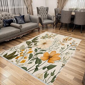 Yıkanabilir Halı – Krem; Sarı; Yeşil – Çiçekli Desen, Pamuk Dokuma Taban, Makinede Yıkanabilir, Kolay Temizlenebilir, Toz Ve Tüy Tutmaz, Kaymaz, Evcil Hayvan Dostu 160x230 cm