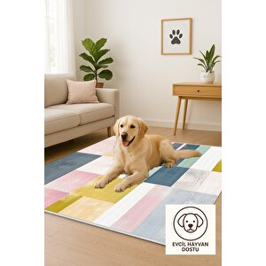 Yıkanabilir Halı – Sarı; Pembe; Mint Yeşili; Lacivert – Geometrik Desen, Pamuk Dokuma Taban, Makinede Yıkanabilir, Kolay Temizlenebilir, Toz Ve Tüy Tutmaz, Kaymaz, Evcil Hayvan Dostu