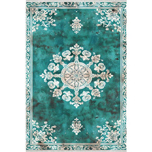 Halı – Turkuaz; Krem – Geleneksel Desen, Pamuk Dokuma Taban, Makinede Yıkanabilir, Kolay Temizlenebilir, Toz Ve Tüy Tutmaz, Kaymaz, Evcil Hayvan Dostu 160x230 cm