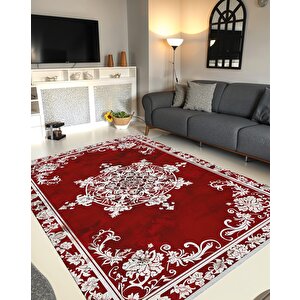 Halı – Kırmızı; Beyaz – Geleneksel Desen, Pamuk Dokuma Taban, Makinede Yıkanabilir, Kolay Temizlenebilir, Toz Ve Tüy Tutmaz, Kaymaz, Evcil Hayvan Dostu 200x270 cm