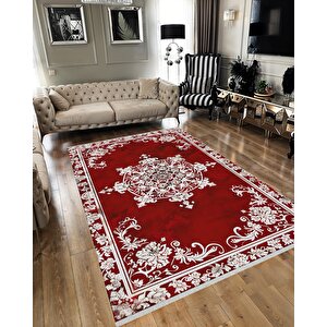 Halı – Kırmızı; Beyaz – Geleneksel Desen, Pamuk Dokuma Taban, Makinede Yıkanabilir, Kolay Temizlenebilir, Toz Ve Tüy Tutmaz, Kaymaz, Evcil Hayvan Dostu 200x270 cm