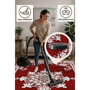 Halı – Kırmızı; Beyaz – Geleneksel Desen, Pamuk Dokuma Taban, Makinede Yıkanabilir, Kolay Temizlenebilir, Toz Ve Tüy Tutmaz, Kaymaz, Evcil Hayvan Dostu