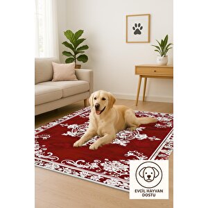 Halı – Kırmızı; Beyaz – Geleneksel Desen, Pamuk Dokuma Taban, Makinede Yıkanabilir, Kolay Temizlenebilir, Toz Ve Tüy Tutmaz, Kaymaz, Evcil Hayvan Dostu