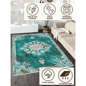 Halı – Turkuaz; Krem – Geleneksel Desen, Pamuk Dokuma Taban, Makinede Yıkanabilir, Kolay Temizlenebilir, Toz Ve Tüy Tutmaz, Kaymaz, Evcil Hayvan Dostu