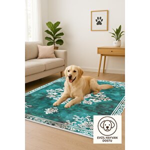 Halı – Turkuaz; Krem – Geleneksel Desen, Pamuk Dokuma Taban, Makinede Yıkanabilir, Kolay Temizlenebilir, Toz Ve Tüy Tutmaz, Kaymaz, Evcil Hayvan Dostu