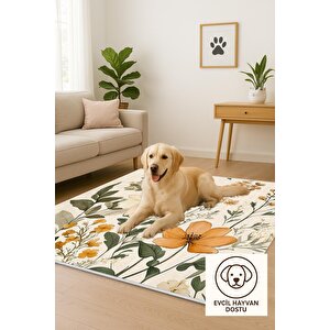 Yıkanabilir Halı – Krem; Sarı; Yeşil – Çiçekli Desen, Pamuk Dokuma Taban, Makinede Yıkanabilir, Kolay Temizlenebilir, Toz Ve Tüy Tutmaz, Kaymaz, Evcil Hayvan Dostu
