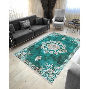 Halı – Turkuaz; Krem – Geleneksel Desen, Pamuk Dokuma Taban, Makinede Yıkanabilir, Kolay Temizlenebilir, Toz Ve Tüy Tutmaz, Kaymaz, Evcil Hayvan Dostu