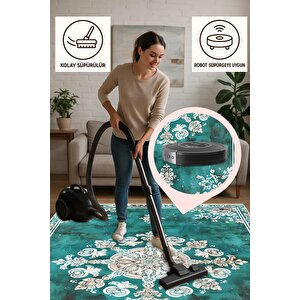 Halı – Turkuaz; Krem – Geleneksel Desen, Pamuk Dokuma Taban, Makinede Yıkanabilir, Kolay Temizlenebilir, Toz Ve Tüy Tutmaz, Kaymaz, Evcil Hayvan Dostu