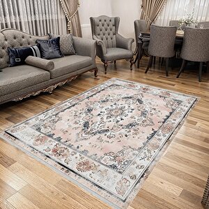 Yıkanabilir Halı – Pudra; Gri; Krem – Geleneksel Desen, Pamuk Dokuma Taban, Makinede Yıkanabilir, Kolay Temizlenebilir, Toz Ve Tüy Tutmaz, Kaymaz, Evcil Hayvan Dostu 200x270 cm