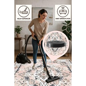 Yıkanabilir Halı – Pudra; Gri; Krem – Geleneksel Desen, Pamuk Dokuma Taban, Makinede Yıkanabilir, Kolay Temizlenebilir, Toz Ve Tüy Tutmaz, Kaymaz, Evcil Hayvan Dostu