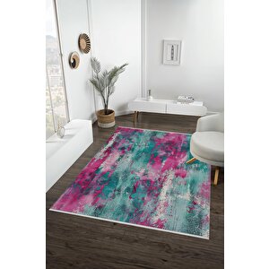 Yıkanabilir Halı – Fuşya; Turkuaz; Krem – Soyut Desen, Pamuk Dokuma Taban, Makinede Yıkanabilir, Kolay Temizlenebilir, Toz Ve Tüy Tutmaz, Kaymaz, Evcil Hayvan Dostu