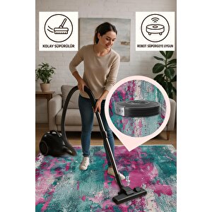 Yıkanabilir Halı – Fuşya; Turkuaz; Krem – Soyut Desen, Pamuk Dokuma Taban, Makinede Yıkanabilir, Kolay Temizlenebilir, Toz Ve Tüy Tutmaz, Kaymaz, Evcil Hayvan Dostu