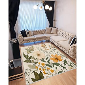 Yıkanabilir Halı – Krem; Sarı; Yeşil – Çiçekli Desen, Pamuk Dokuma Taban, Makinede Yıkanabilir, Kolay Temizlenebilir, Toz Ve Tüy Tutmaz, Kaymaz, Evcil Hayvan Dostu 180x270 cm