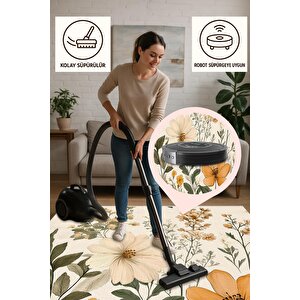 Yıkanabilir Halı – Krem; Sarı; Yeşil – Çiçekli Desen, Pamuk Dokuma Taban, Makinede Yıkanabilir, Kolay Temizlenebilir, Toz Ve Tüy Tutmaz, Kaymaz, Evcil Hayvan Dostu