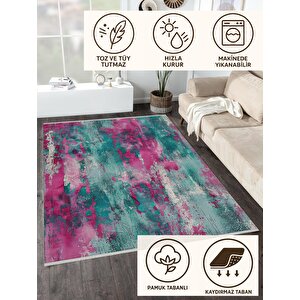 Yıkanabilir Halı – Fuşya; Turkuaz; Krem – Soyut Desen, Pamuk Dokuma Taban, Makinede Yıkanabilir, Kolay Temizlenebilir, Toz Ve Tüy Tutmaz, Kaymaz, Evcil Hayvan Dostu 180x200 cm