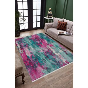 Yıkanabilir Halı – Fuşya; Turkuaz; Krem – Soyut Desen, Pamuk Dokuma Taban, Makinede Yıkanabilir, Kolay Temizlenebilir, Toz Ve Tüy Tutmaz, Kaymaz, Evcil Hayvan Dostu 180x200 cm
