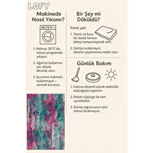 Yıkanabilir Halı – Fuşya; Turkuaz; Krem – Soyut Desen, Pamuk Dokuma Taban, Makinede Yıkanabilir, Kolay Temizlenebilir, Toz Ve Tüy Tutmaz, Kaymaz, Evcil Hayvan Dostu
