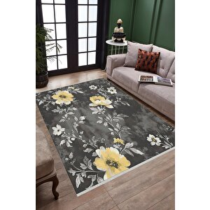 Yıkanabilir Halı – Gri; Sarı; Beyaz – Çiçekli Desen, Pamuk Dokuma Taban, Makinede Yıkanabilir, Kolay Temizlenebilir, Toz Ve Tüy Tutmaz, Kaymaz, Evcil Hayvan Dostu 150x240 cm