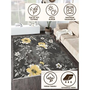 Yıkanabilir Halı – Gri; Sarı; Beyaz – Çiçekli Desen, Pamuk Dokuma Taban, Makinede Yıkanabilir, Kolay Temizlenebilir, Toz Ve Tüy Tutmaz, Kaymaz, Evcil Hayvan Dostu 150x240 cm