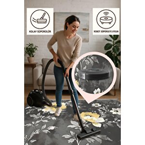 Yıkanabilir Halı – Gri; Sarı; Beyaz – Çiçekli Desen, Pamuk Dokuma Taban, Makinede Yıkanabilir, Kolay Temizlenebilir, Toz Ve Tüy Tutmaz, Kaymaz, Evcil Hayvan Dostu