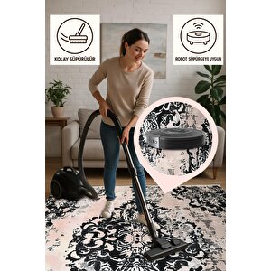 Halı – Siyah; Krem – Oriental Desen, Pamuk Dokuma Taban, Makinede Yıkanabilir, Kolay Temizlenebilir, Toz Ve Tüy Tutmaz, Kaymaz, Evcil Hayvan Dostu