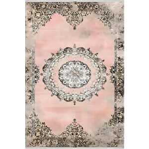 Halı – Pembe; Bej; Gri – Geleneksel Desen, Pamuk Dokuma Taban, Makinede Yıkanabilir, Kolay Temizlenebilir, Toz Ve Tüy Tutmaz, Kaymaz, Evcil Hayvan Dostu 160x180 cm