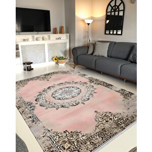 Halı – Pembe; Bej; Gri – Geleneksel Desen, Pamuk Dokuma Taban, Makinede Yıkanabilir, Kolay Temizlenebilir, Toz Ve Tüy Tutmaz, Kaymaz, Evcil Hayvan Dostu 160x180 cm