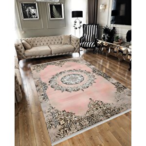 Halı – Pembe; Bej; Gri – Geleneksel Desen, Pamuk Dokuma Taban, Makinede Yıkanabilir, Kolay Temizlenebilir, Toz Ve Tüy Tutmaz, Kaymaz, Evcil Hayvan Dostu 160x180 cm